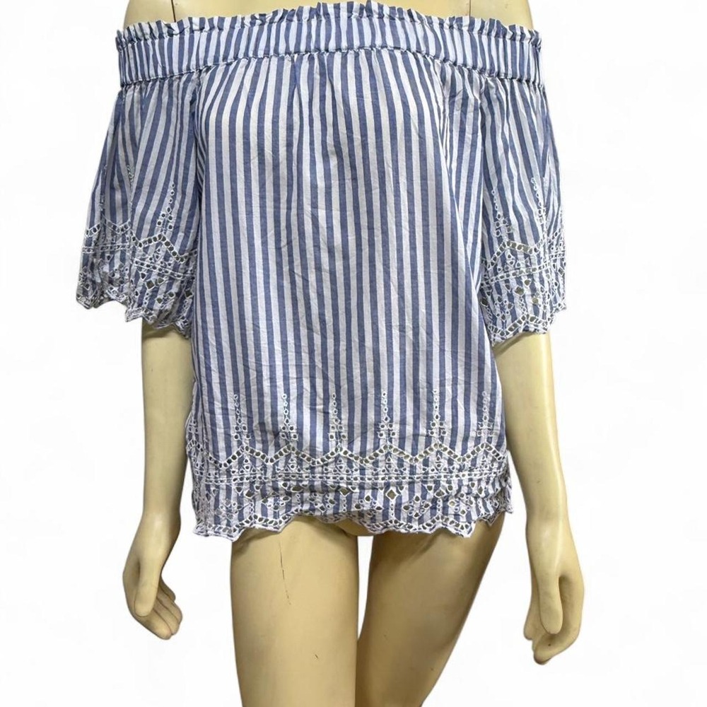 H&M Blue White Striped Off The Shoulder Lace Trim Boho Top Size S US 2